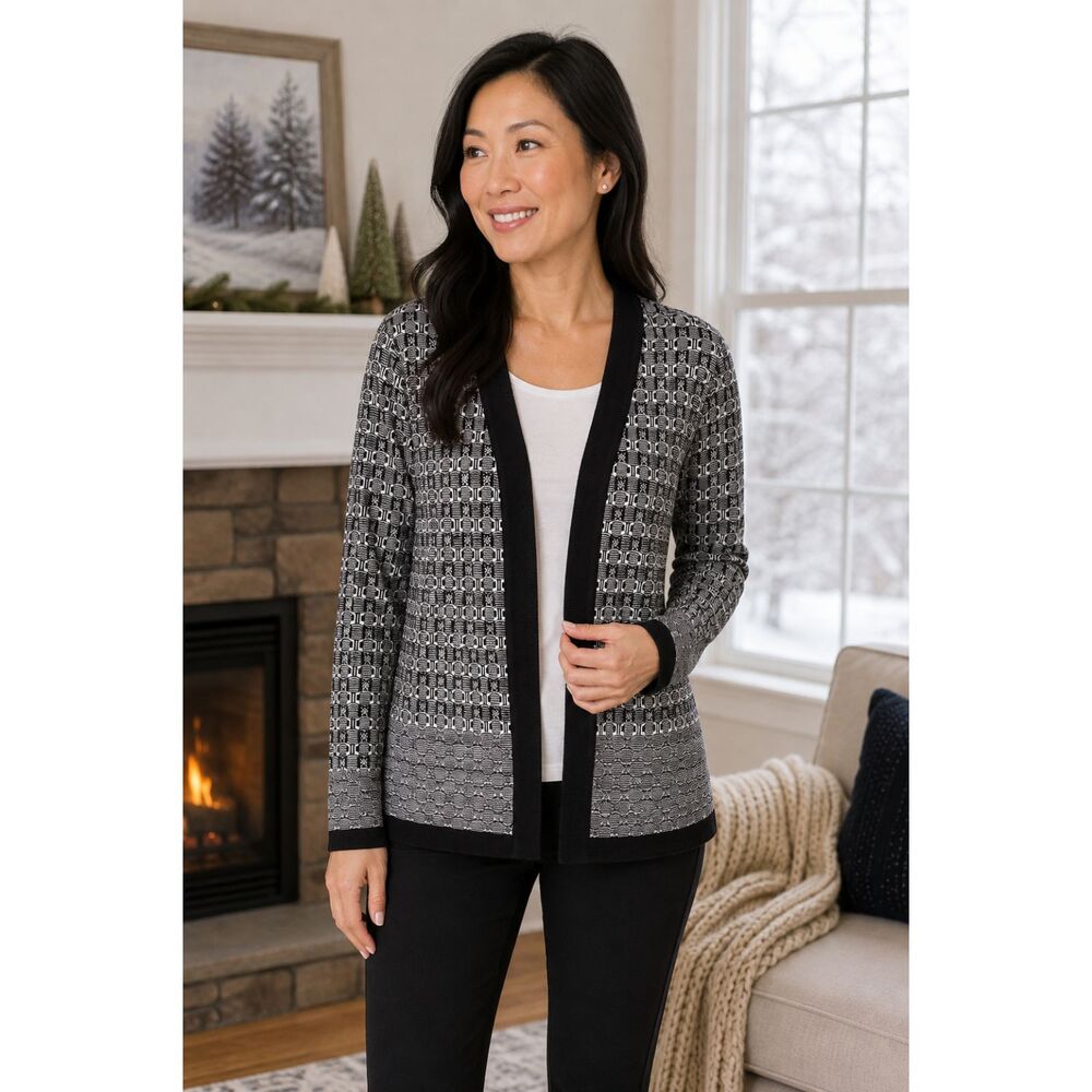 Christopher & Banks Cardigan Sweater Sz. S Black White Geometric Cotton Knit #19